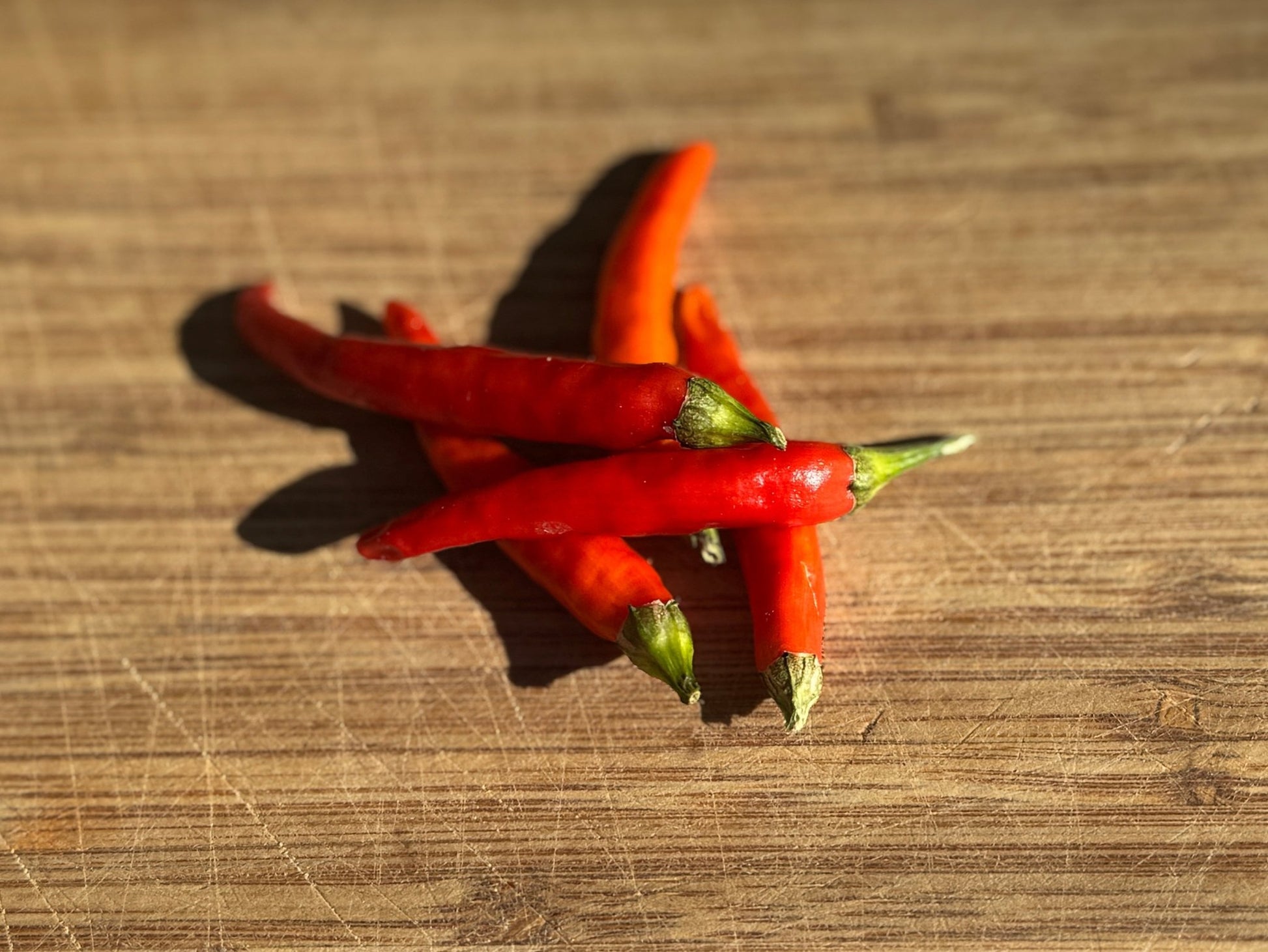 Red chili peppers on a wooden surface